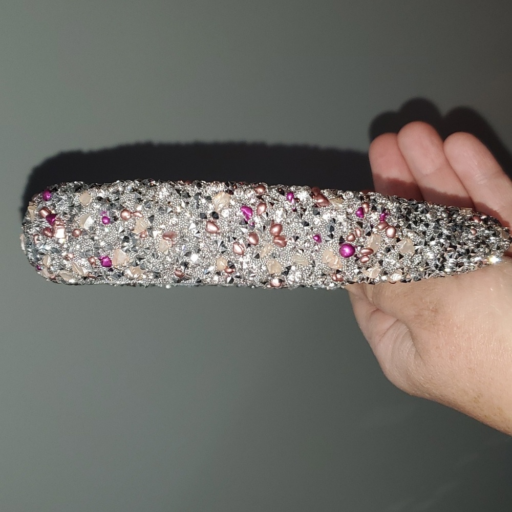New handmade boutique rhinestone stones and beads flexible wide headband silver - Picture 2 of 7